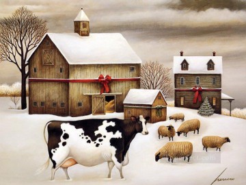 ganado vacuno y ovino en el pueblo de nieve Pinturas al óleo